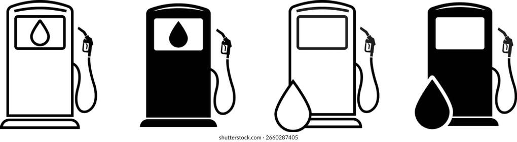 Fuel pump icon set. Gas station, Petrol pump icon signs isolated on transparent background. Refuel symbol suitable for energy, industry, and vehicle graphic design. Vector illustration.