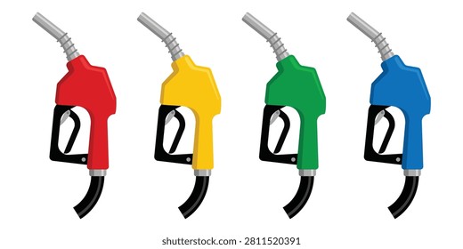 Fuel pump nozzle collection with different colors energy station transportation refueling equipment illustration flat vector isolated white background automotive service design concept