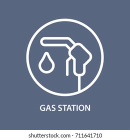 Fuel pump nozzle and drop sign. Gas filling station line icon.