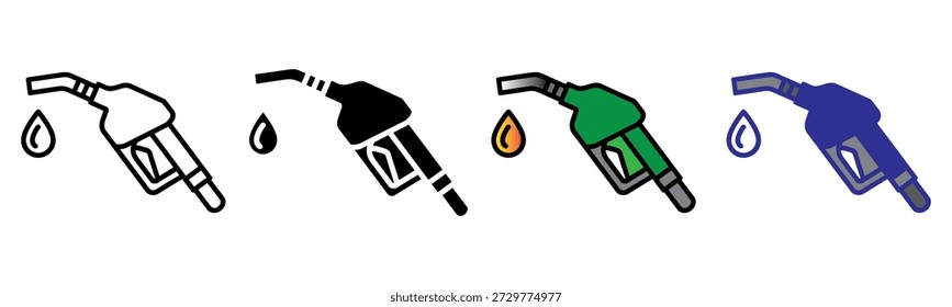 Conjunto de iconos de boquilla de bomba de combustible que muestra varios estilos de dispensador de gasolina con gota