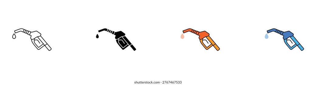 Fuel pump nozzle icon set for gas station and energy refueling concept. Minimalist collection of petrol, diesel, and gasoline filling station symbols. Vector Illustration
