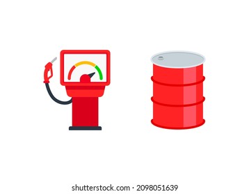 Conjunto de iconos de color de la bomba de combustible y del barril de aceite. Recogida de ilustraciones de emoticonos de tambor de combustible y de gasolineras vectoras