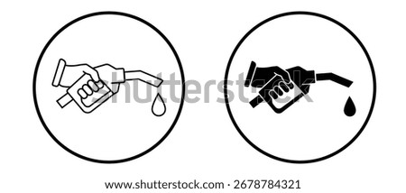 Fuel pump petrol icon drop hanging. Fuel pump in hand icon. Icon and sign gas station. Hand holds a refueling gun, Gas pump gun logo vector illustration.