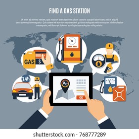 Fuel pump poster with find a gas station description and online search on tab vector illustration