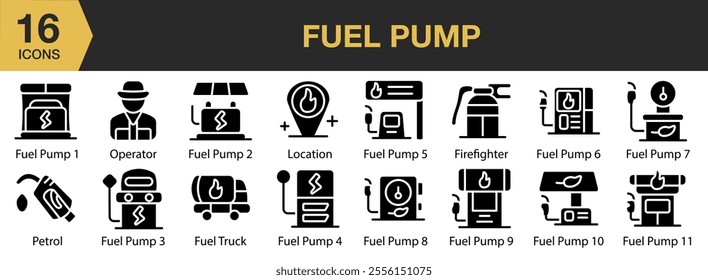 Fuel Pump solid icon set. Includes location, firefighter, and More. Solid icons vector collection.