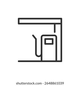 Fuel pump under canopy, linear icon. Gas station structure and refueling point. Line with editable stroke.