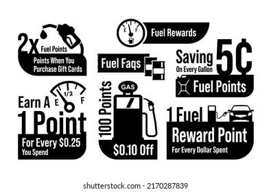 Fuel rewards savings points monochrome badge collection vector illustration. Oil shop minimalist emblem tag with car speedometer. Marketing special offer sale discount