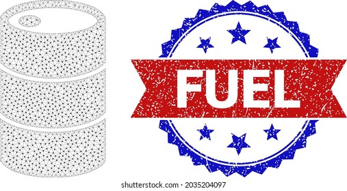 Fuel rubber seal, and barrel icon mesh model. Red and blue bicolor stamp seal includes Fuel caption inside ribbon and rosette. Abstract 2d mesh barrel, created from flat mesh.