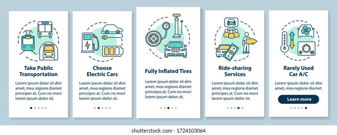Consejos de ahorro de combustible en la pantalla de la aplicación móvil con conceptos. Economía monetaria, caminata por la conservación del medio ambiente cinco pasos instrucciones gráficas. Plantilla vectorial de interfaz de usuario con ilustraciones de color RGB