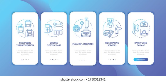 Fuel saving tips onboarding mobile app page screen with concepts. Eco friendly and cost effective travel walkthrough five steps graphic instructions. UI vector template with RGB color illustrations