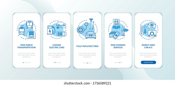 Fuel saving tips onboarding mobile app page screen with concepts. Budget travel, environment conservation walkthrough five steps graphic instructions. UI vector template with RGB color illustrations