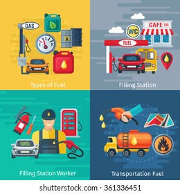  Fuel station concept icons set with oil workers and cars symbols flat isolated vector illustration 