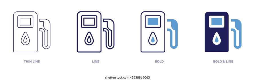 Tankstellensymbol in 4 verschiedenen Stilen. Dünne Linie, Linie, Fett und Fette Linie. Duotone-Stil. Bearbeitbarer Strich.