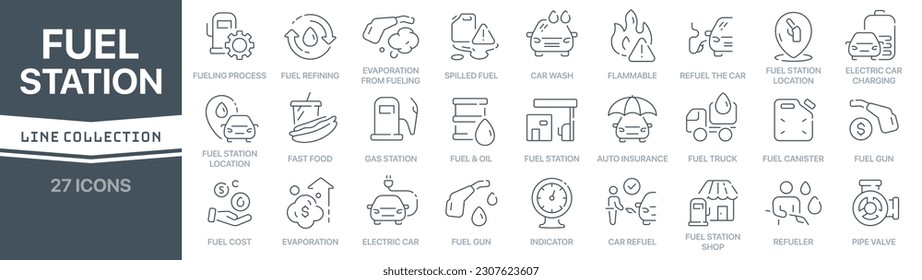Colección de iconos con signo lineal de la estación de combustible. Colección de iconos de línea delgada firmada. Conjunto de iconos simples del contorno de la estación de combustible