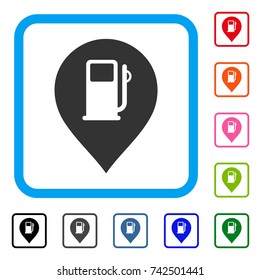 Fuel Station Marker icon. Flat grey pictogram symbol in a light blue rounded rectangular frame. Black, gray, green, blue, red, orange color versions of Fuel Station Marker vector.