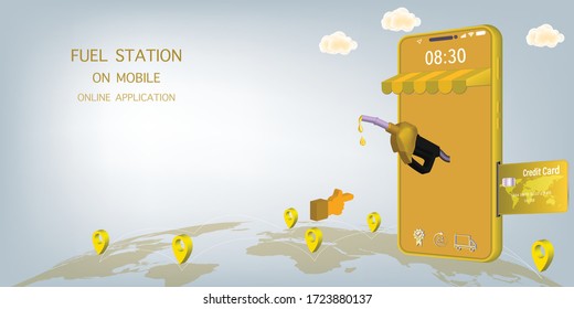 Fuel Station Online on Website or Mobile Application Vector Concept Fuel on mobile, Online Application full service concept.