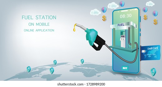 Combustible de la Estación de Combustible en línea en el sitio web o en el concepto de servicio completo de la aplicación en línea móvil.