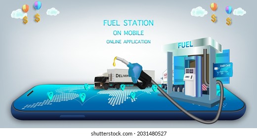 Fuel Station Online on Website or Mobile Application Vector Concept Fuel on mobile, Online Application full service concept.