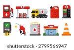Fuel Station and Petroleum Industry Flat Design Icon Set with Gas Pump, Fuel Tanker Truck, Oil Storage Tank and Gasoline Canister Vector Illustration