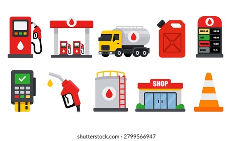 Fuel Station and Petroleum Industry Flat Design Icon Set with Gas Pump, Fuel Tanker Truck, Oil Storage Tank and Gasoline Canister Vector Illustration