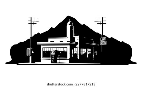 Fuel station vector black line illustration isolated white. Sketch art