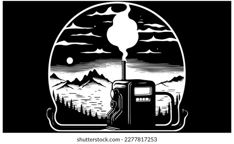 Fuel station vector black line illustration isolated white. Sketch art