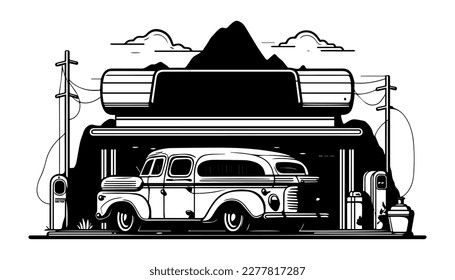 Brennstoffstation, Vektorgrafik schwarzer Linie, einzeln weiß. Sketch-Kunst