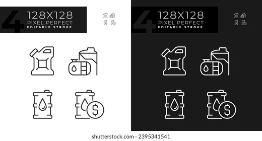 Fuel storage linear icons set for dark, light mode. Oil refining. Energy resource. Fuel consumption. Global market. Thin line symbols for night, day theme. Isolated illustrations. Editable stroke