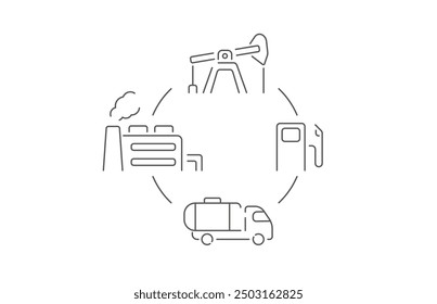 Icono de la cadena de suministro de combustible. La cadena de suministro incluye la producción de petróleo, el refinado, la entrega en cisternas y el consumo en una gasolinera