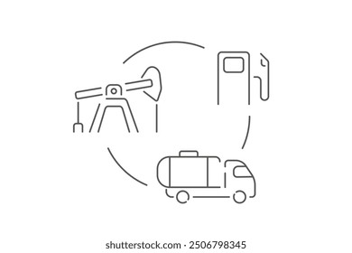 Fuel supply chain icon. The supply chain includes oil production, delivery by tanker, and consumption at a gas station