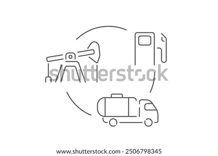 Fuel supply chain icon. The supply chain includes oil production, delivery by tanker, and consumption at a gas station