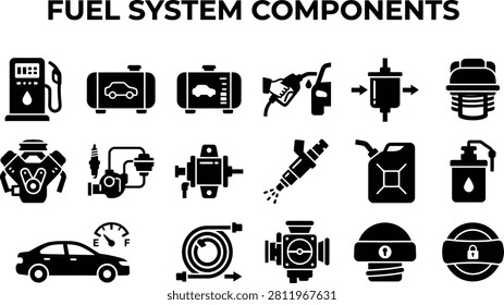 Fuel System Components Icons Set – Gas Pump, Car, Fuel Tank, Nozzle, Filter, Injector, Engine, Gauge, Oil Can – Vector Illustration