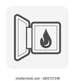 Fuel tank door or tank cover or fuel filler lid vector icon. Include flame or energy icon inside. Device is a automotive part or opener for close, open and protection fuel tank of car or vehicle.