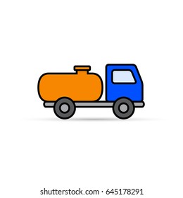 Fuel tanker truck color icon. Side view cartoon symbol, vector illustration.