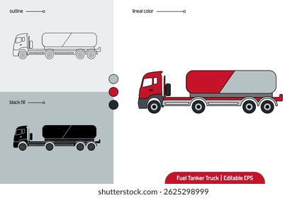 Fuel tanker truck vector illustration in lineal color, outline, and black fill icon styles. Heavy vehicle transport design for logistics, fuel supply, and industrial-themed graphics.