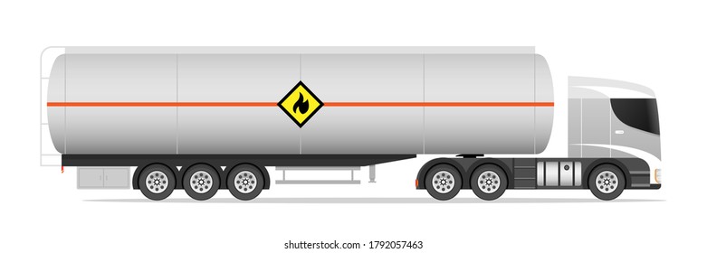 Fuel Tanker Truck Vector Water Or Gasoline Tank Truck Trailer Template Isolated On Gray. Realistic Petrol Tank Mockup For Branding And Corporate Identity Design