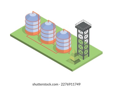 Konzept der Kraftstoffbehälter. Große Lagertanks für Benzin, Öl, Gas oder Wasser. Energieerzeugung und -übertragung Poster oder Banner. Cartoon isometrische Vektorgrafik