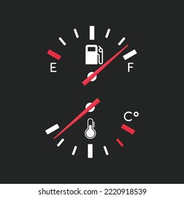 Combustible y manómetro de temperatura en forma plana. Manómetro de gasolina y el indicador de calentamiento del motor. EPS vectorial 10.