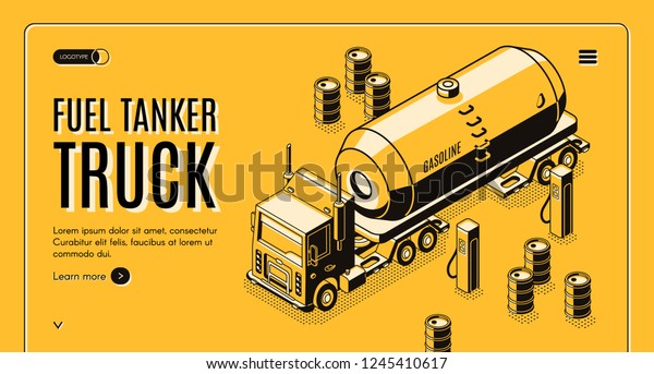 Fuel transportation isometric vector web banner with\
tanker truck carrying gasoline to gas station line art\
illustration. Oil refining industry cargo transport. Petroleum\
trade company landing\
page