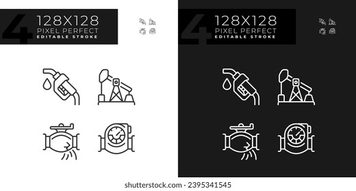 Fuel transportation linear icons set for dark, light mode. Supply chain. Dangerous goods. International trade. Thin line symbols for night, day theme. Isolated illustrations. Editable stroke
