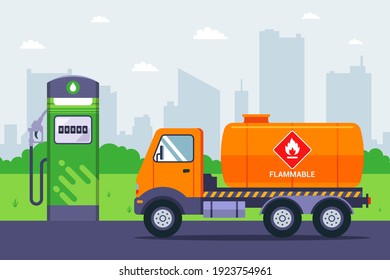 the fuel truck arrived at the gas station. transportation of gasoline by truck. flat vector illustration.