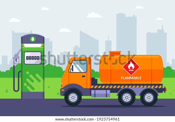 the fuel truck
arrived at the gas station. transportation of gasoline by truck.
flat vector illustration.