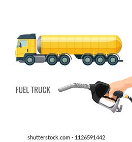 Fuel truck and hand holding classic nozzle pumping