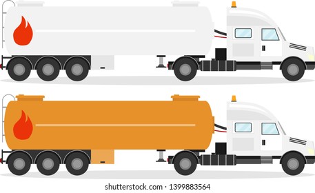 Fuel truck, realistic fuel truck with shadow isolated on white. Vector illustration of two fuel trucks.