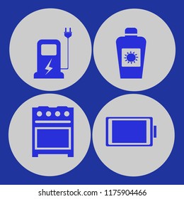 fuel vector icons set. with car charger, full battery, gas stove and sun oil in set