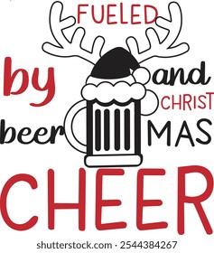 Fueled by beer and Christmas cheer - funny text , with Santa's cap on beer mug. Good for T-shirts, greeting cards, textiles, gifts.