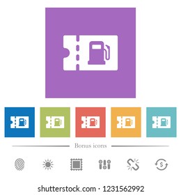 Fueling discount coupon flat white icons in square backgrounds. 6 bonus icons included.