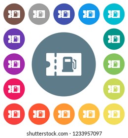 Fueling discount coupon flat white icons on round color backgrounds. 17 background color variations are included.