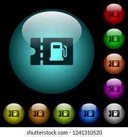 Fueling discount coupon icons in color illuminated spherical glass buttons on black background. Can be used to black or dark templates