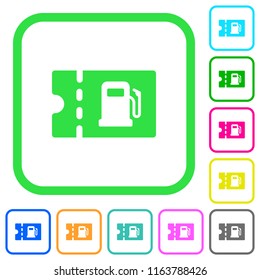 Fueling discount coupon vivid colored flat icons in curved borders on white background